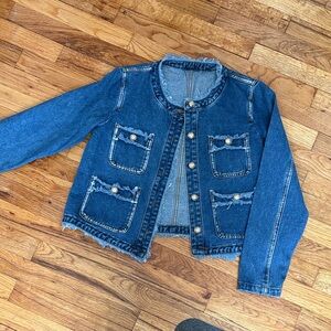 Stylish Blue Denim Jacket with Frayed Edges